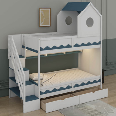 Playhouse Bunk Bed With Storage Staircase And LED, Wood Bunk Bed With Shelves And Drawers