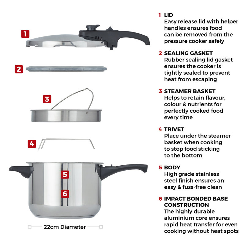 Tower Pressure Cooker with Steamer Basket, Stainless Steel, Silver, 6 L