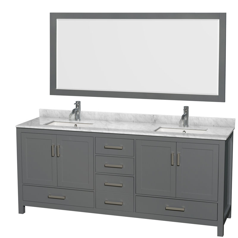 Sheffield 80" Freestanding Double Bathroom Vanity with Marble Top with 70" Mirror, Brushed Chrome, Dark Gray