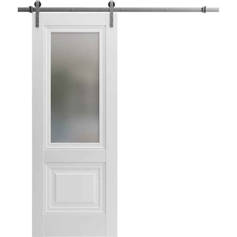 Porte de grange robuste | Soie blanche Lucia 8822 avec verre givré | Ensemble de quincaillerie lourde 6,6 pi | Portes intérieures solides