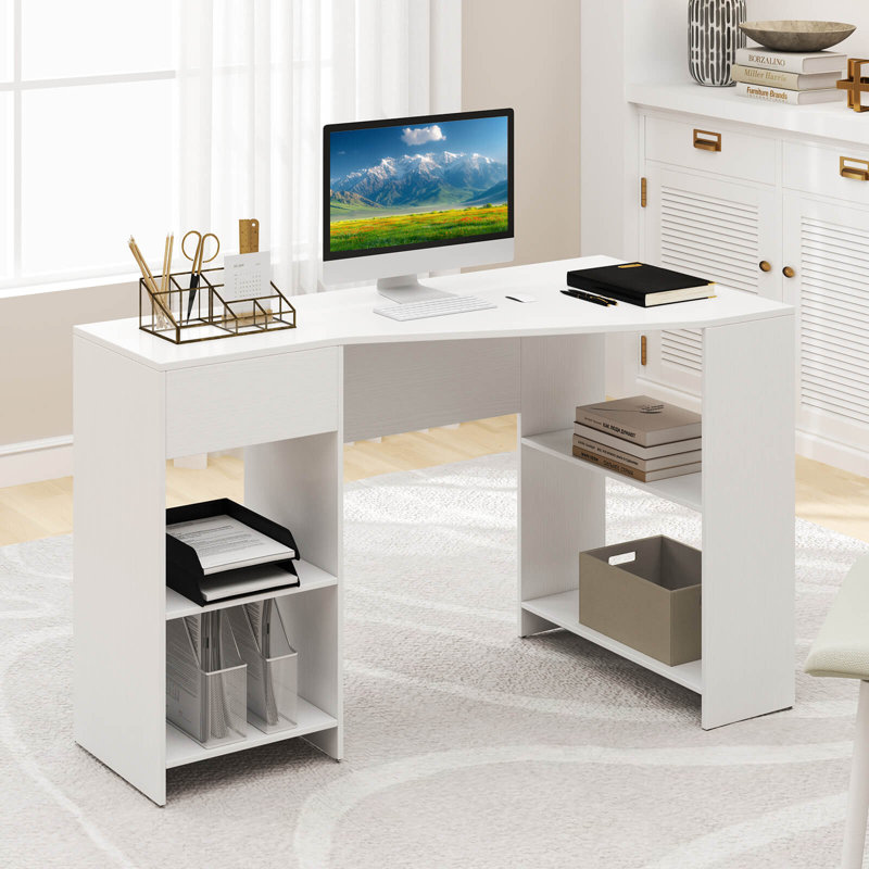Bureau d'ordinateur en L avec tiroir et tablettes de rangement pour poste de travail à domicile