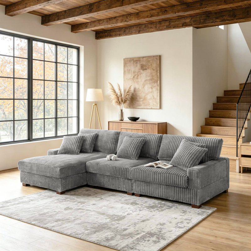 3 - Piece Upholstered Light Gray Faux Rabbit Fur Flannel Modular Sectional Sofa with Armrests & Throw Pillows