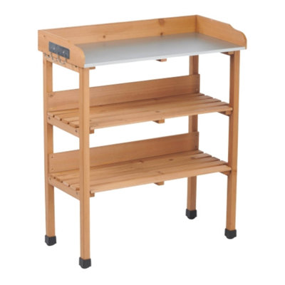 30″x14.5″×35.5″ Solid Wood Potting Table With 3 Layers And Metal Tabletop, Outdoor Work Bench Built - In Hooks Adjustable Feet, Suitable For Garage Workshop, Easy To Up Three Layer Diy, Feet