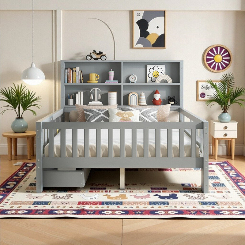 Lit plateforme double avec tiroirs et tablettes pour chambre d'enfant, Gris