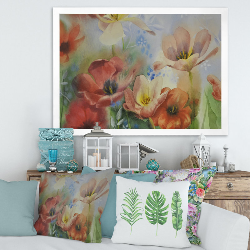 Fleurs rétro dans des couleurs pastel foncées - peinture sur toile, H 12 po x l 20 po x p 1 po, Cadre photo blanc