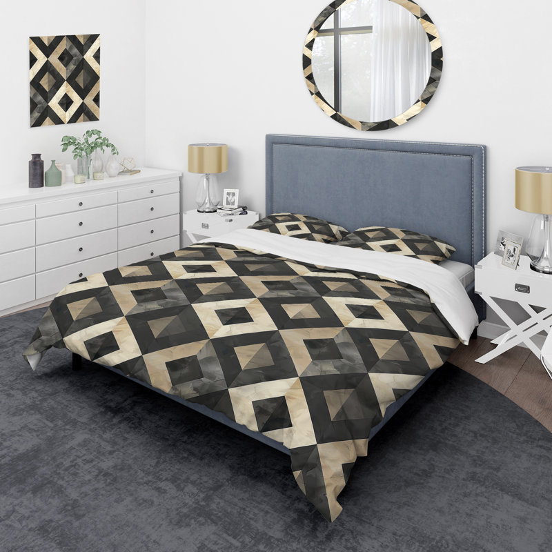 Ensemble de housse de couette moderne gris à motif losange moderne I, Housse de couette très grand + 2 très grandes ta