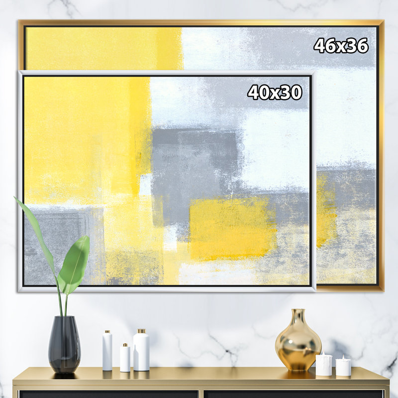 Gris et jaune bleu abstrait XXI - reproduction sur toile, H 36 po x l 46 po, Cadre flottant, Doré