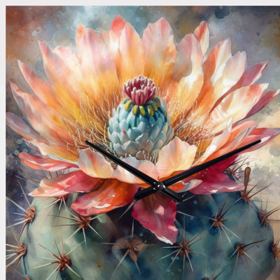 Orange Green Cactus Flower III - Asymmetrical Cactus Metal Wall Clock, Irregular shape Wall Clock Print