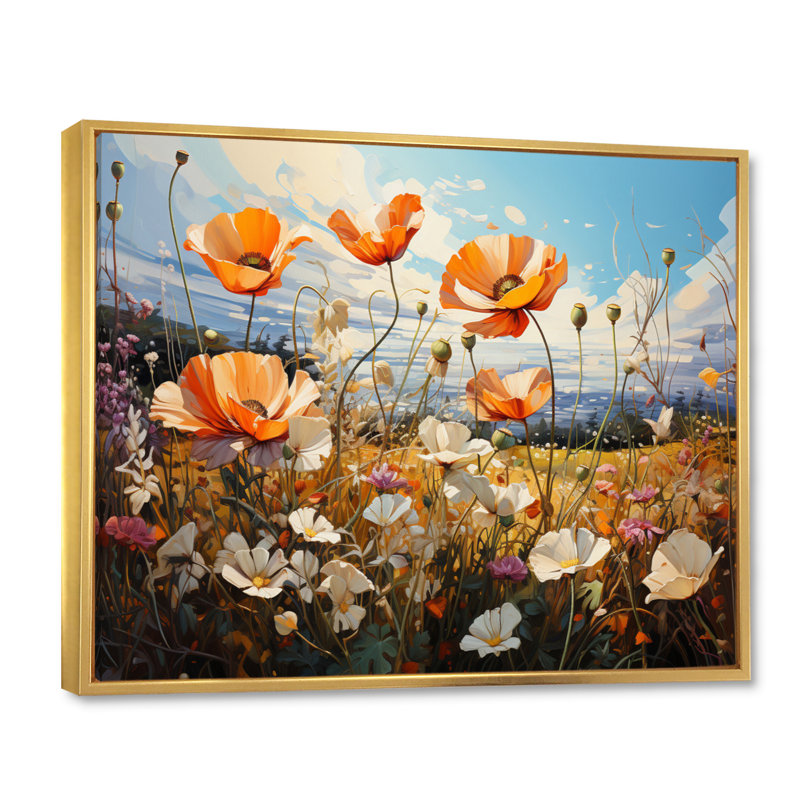 «Peach Sunkissed Petals Wildflowers II», reproduction sur toile, 24" H x 32" W, Cadre flottant doré