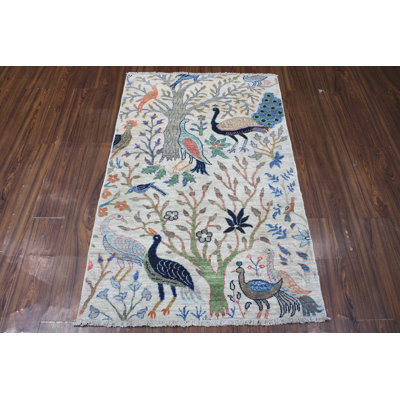 Birds Collection, Contemporary, Transitional One-of-a-Kind Rectangle 3'1" X 4'1" Wool Area Rug Silver