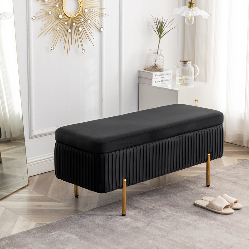 Banc de rangement rembourré en velours Miajah, Noir, noir, noir, noir