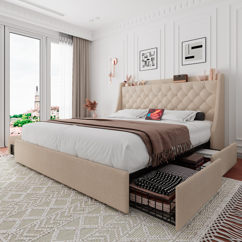 Einhomn Queen Bed Frame With 4 Storage Drawers, Upholstered Platform Bed Frame With Type-c & Usb Ports, Wingback Storage Headboard,beige