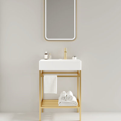 Meuble-lavabo de salle de bain en céramique 24 po rectangulaire blanc brillant, lavabo console autoportant, pieds en métal ouverts, doré, console Concept avec tablettes de rangement, présent