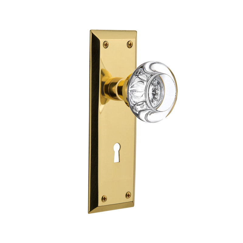 Crystal Round Interior Mortise Door Knob with New York Long Plate, Unlacquered Brass