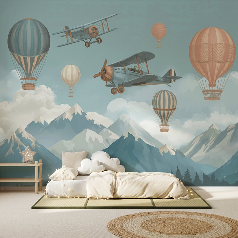 Papier peint rétro, décoration murale amovible, montgolfières, Texturé non collé, 120 po x 96 po