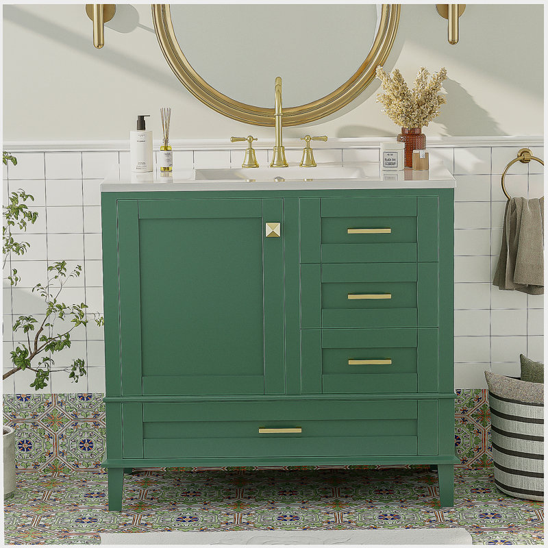 Armoire de rangement moderne 36 po avec cadre en pin massif, 1 porte à fermeture douce et 3 tiroirs, Vert