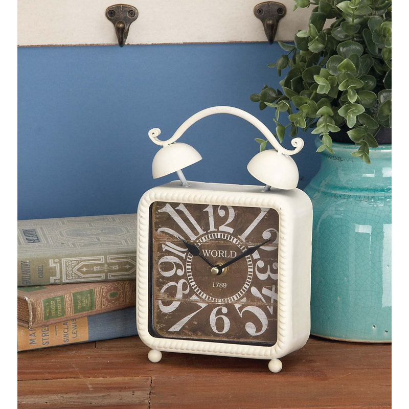 Rustic Analog Metal Quartz Movement / Crystal Tabletop Clock with Alarm in Distressed Black/Distressed White