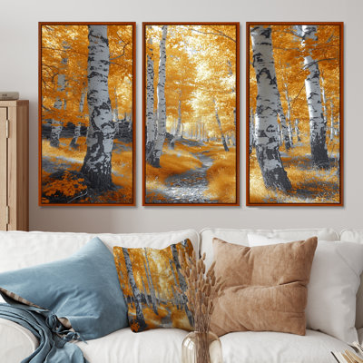 Autumn Birch Trees Forest Path Panorama III - ensemble de salon d'art mural forêt