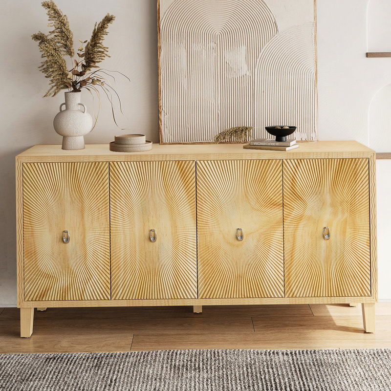 Storage Cabinet, Carved Scatter Pattern Dining Sideboard, Large Buffet with Adjustable Shelves, Natural