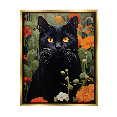 «Black Cat Garden Flowers», reproduction encadrée sur toile par Gary Shergill Designs