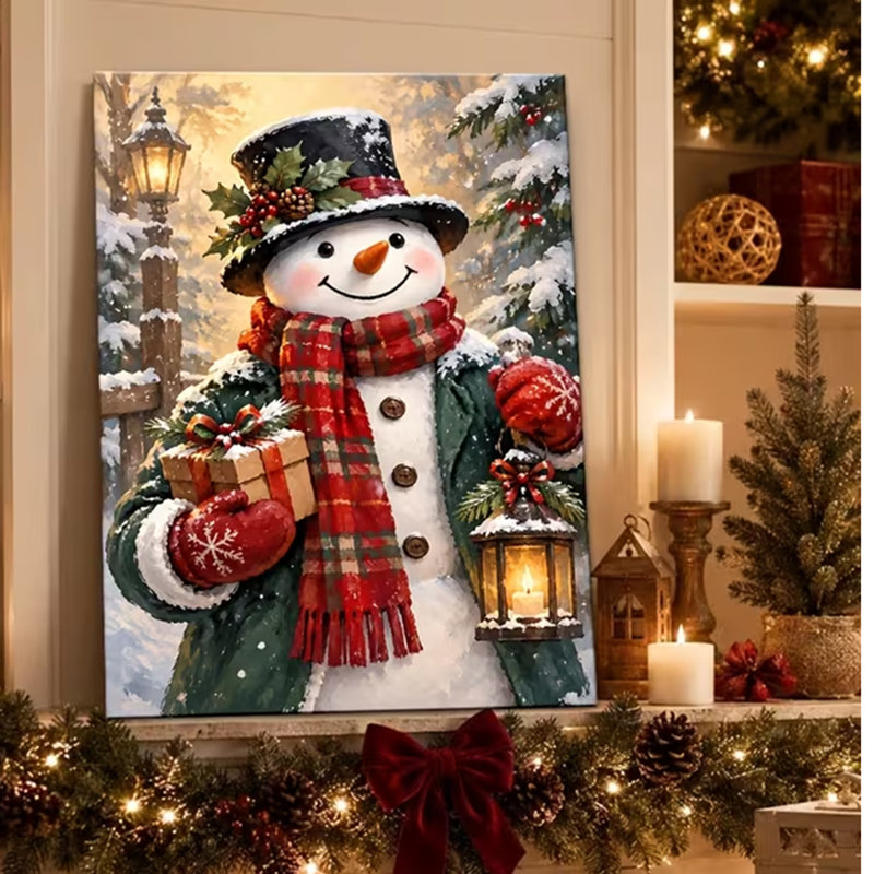 1pcs Snowman Canvas Wall Art Suitable for Christmas Decor with Lantern Gift Box - Retro Minimalist Winter Scene Painting.