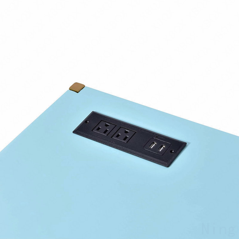 Bureau d'écriture rectangulaire, bleu bébé et or avec port USB, Bleu pastel