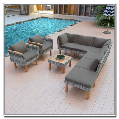 Ensemble de canapés modulaires en rotin pour l'extérieur 9 pièces avec pieds en bois 9 pièces
