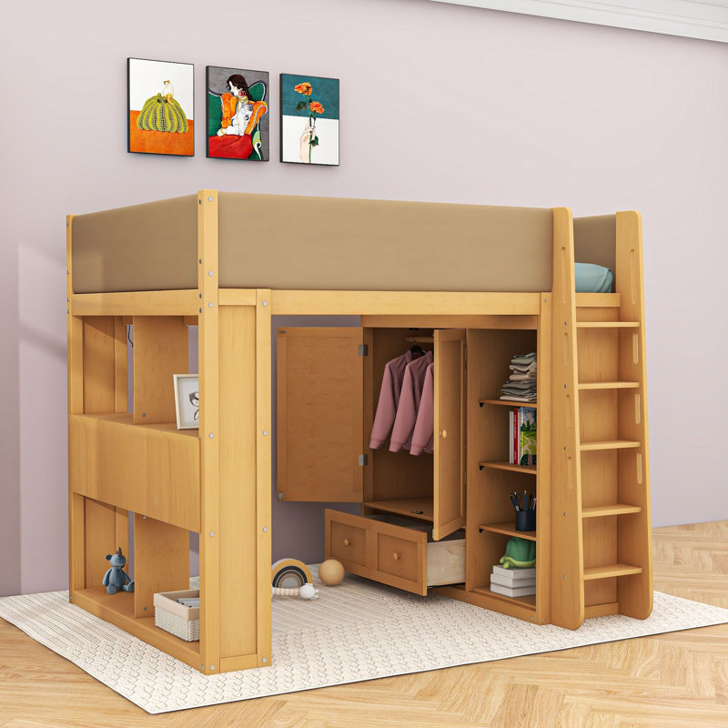 Lit mezzanine en bois avec armoire, tiroirs, étagères et éclairage DEL, Lit double, Bois