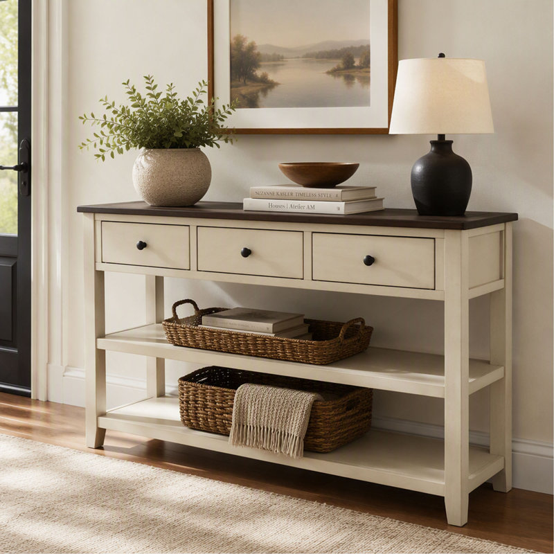 Console de style rétro avec 2 étagères ouvertes, structure en pin massif pour salon, Beige, espresso, Beige, espresso