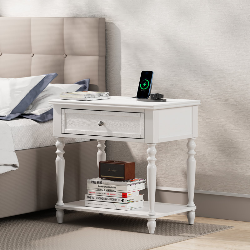 Solid Wood Nightstand With Drawer, Open Shelf, 2 Power Outlets, 1 USB Port, and 1 Type-C Port, White