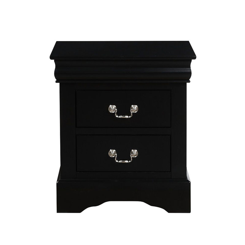 Table de chevet 2 tiroirs noire pour l'organisation de la chambre à coucher avec rail de guidage en métal 2 glissières et poignée en nickel brossé