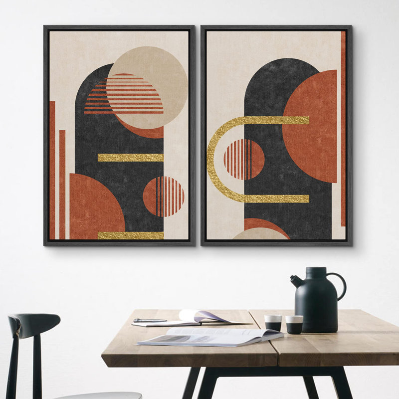 "Mid-Century Modern Polygon", paysage abstrait géométrique, art mural moderne, œuvre d'art, 2 pièces, Noir, H 24 po x l 16 po