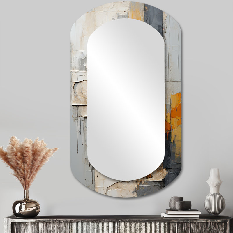 Abstract Assemblage I - Abstract Collages Asymmetrical Unique Wall Mirror Decor, Yellow Cylinder Large Mirror, Printed Metal Art
