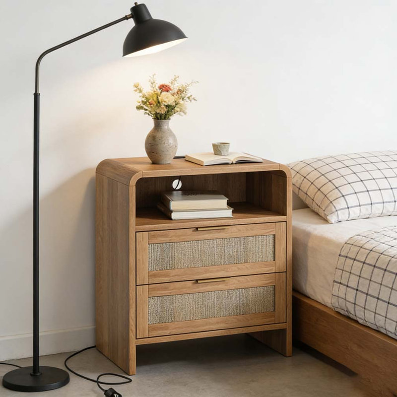 Table de chevet en rotin avec station de charge, Caramel-Shelf, 1