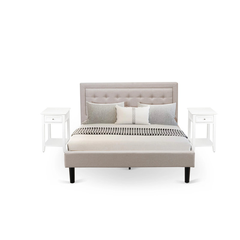 3-Piece Platform Queen Bedroom Set with 1 Upholstered Bed and 2 Small Nightstands - Mist Beige Linen Fabric, Mist Beige/White