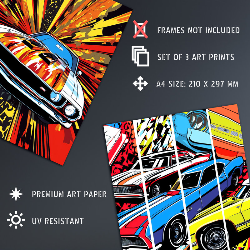 Vibrant Muscle Sports Cars Comic Strip Artworks Bright - 3 Piece No Frame Print Set, 29.7cm H x 21cm W x 0.4cm D