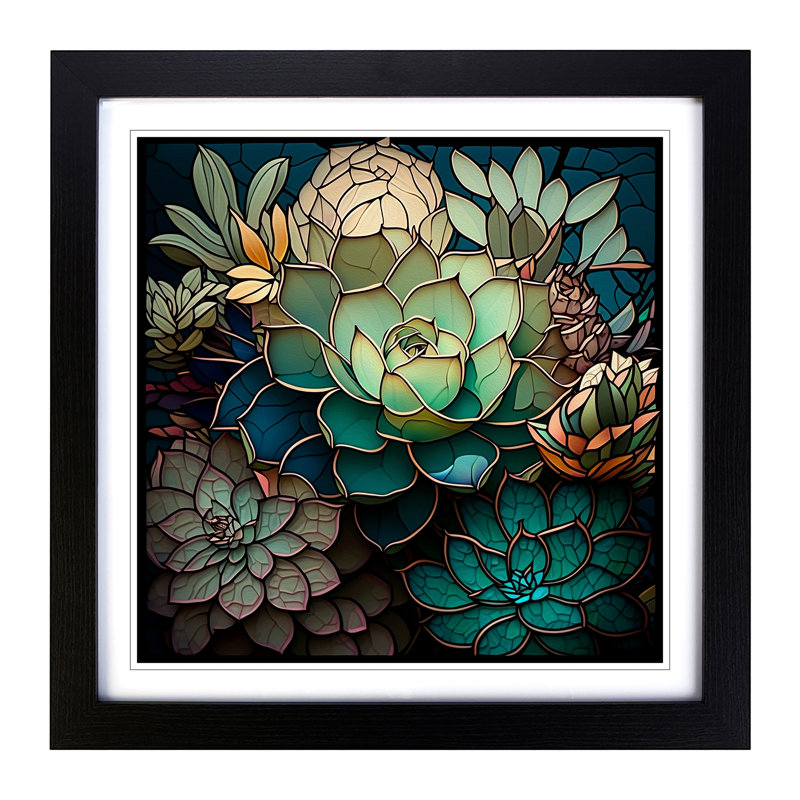 Succulent Stained Glass Effect - Single Picture Frame Print on Wood, Black