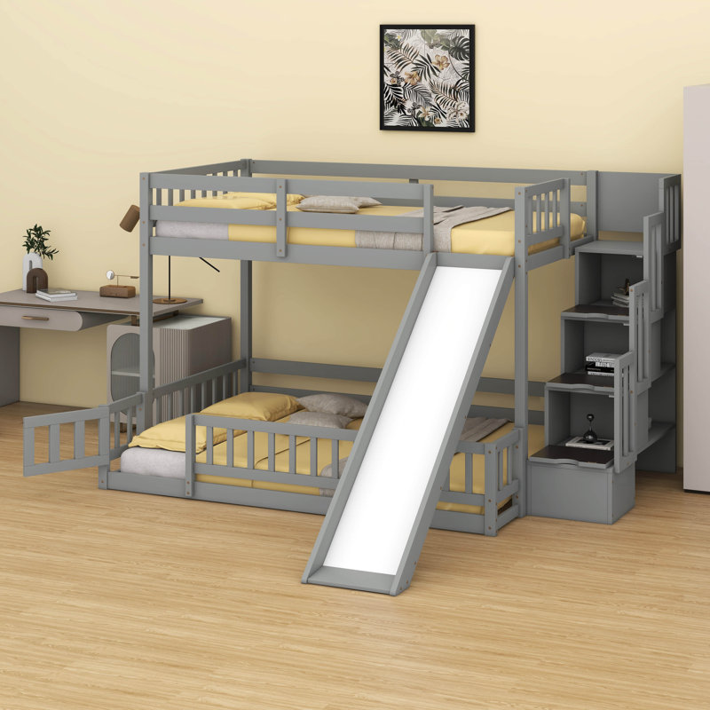 Twin Over Full Solid Pine Wood Bunk Bed – Slide, Storage Staircase & Safety Guardrails, Gray