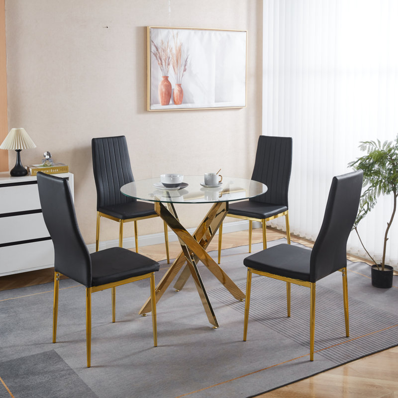 Ensemble de table de salle à manger Mid-Century pour 4-6 personnes avec plateau en verre et pieds en métal