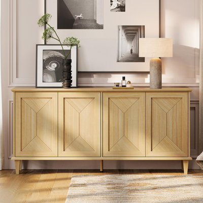 4-Door Modern Accent Cabinet With Handmade Patchwork Design,Thickened Top & Adjustable Shelves,Solid Wood Leg Credenza Storage Cabinet For Living Room,Kitchen,Dining Room,Hallway,Natural Oak