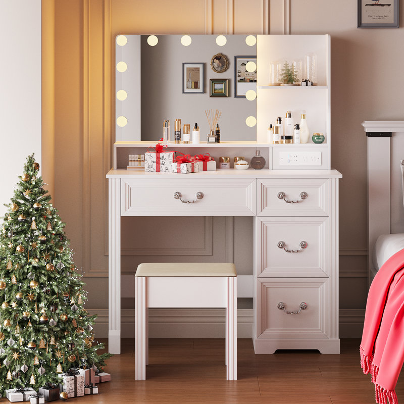 Bureau de coiffeuse avec miroir, ampoules, tiroirs, tablettes et tabouret - Table de maquillage pour chambre à coucher, Blanc