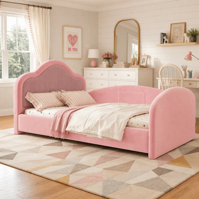 Lit courbé capitonné avec tête de lit, lit sécuritaire pour enfants avec rails latéraux et rangement, lit de jeu pour chambre d'enfant