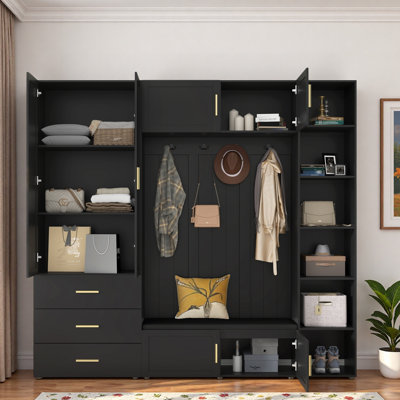4-in-1 Hall Tree With Padded Bench, 4 Hooks, 3 Drawers And Adjustable Storage Shelves