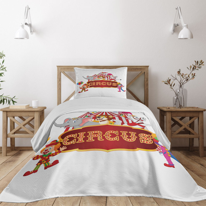 Twin White Quilted Circus Bedspread Set with Pillow Sham