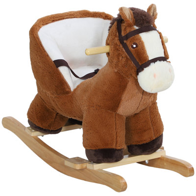 Baby Rocking Horse, Plush Animal Rocker With Sound, Wooden Base, & Safety Belt For Ages 18-36 Months, Brown