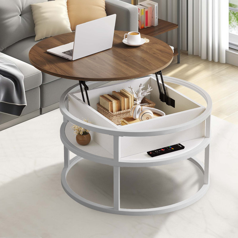 Rothwell Lift Top  Coffee Table ,Extendable Round Cocktail Table, White, Brown, 61.5cm H x 80cm W x 80cm D
