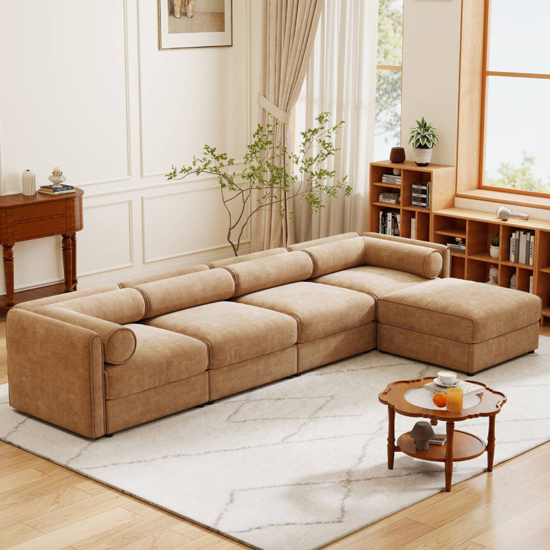 Ensemble modulaire rembourré 5 pièces avec repose-pieds avec rangement 5 pièces, Chenille verte