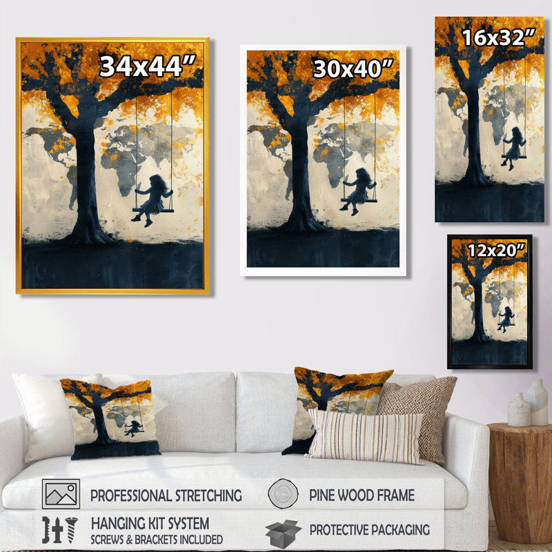 Jaune, jaune, carte du monde, aire de jeux Silhouette I - carte du monde, art mural, Cadre flottant blanc, H 24 po x l 32 po