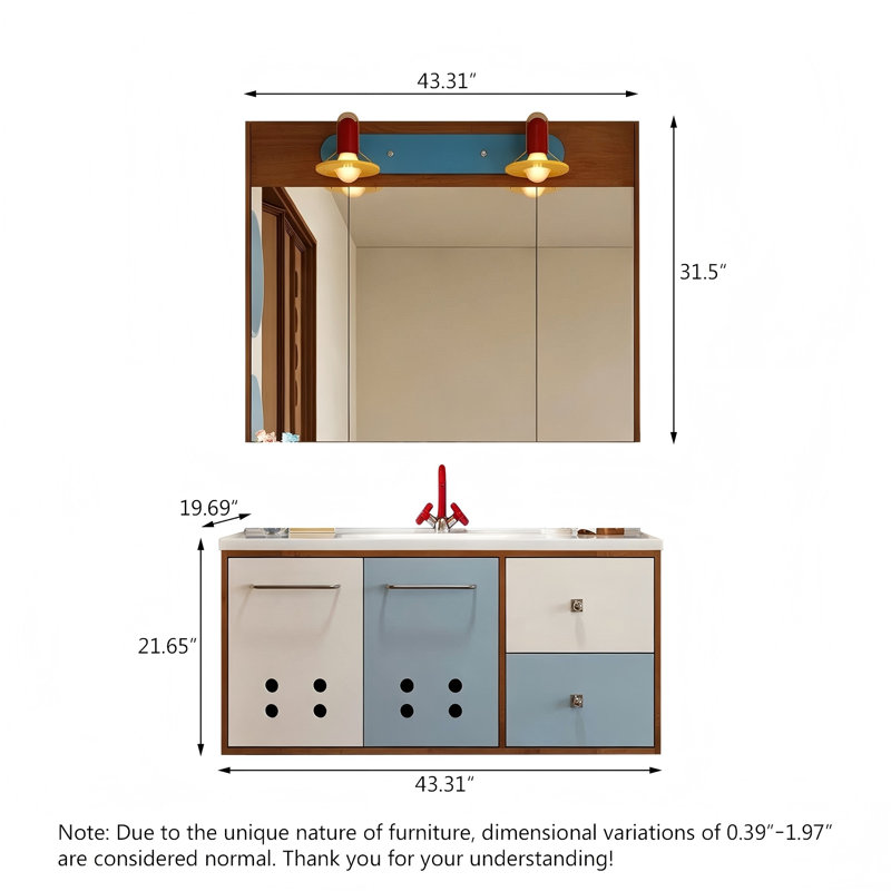 Wall Mounted Single Double Combined Vanity Unit Bathroom Vanity With Ceramic Top, 21.65" H x 43.31" W x 19.69" D