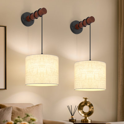Applique murale de chevet à 1 lumière à intensité variable avec bras en bois et abat-jour cylindrique en tissu pour chambre à coucher et salon